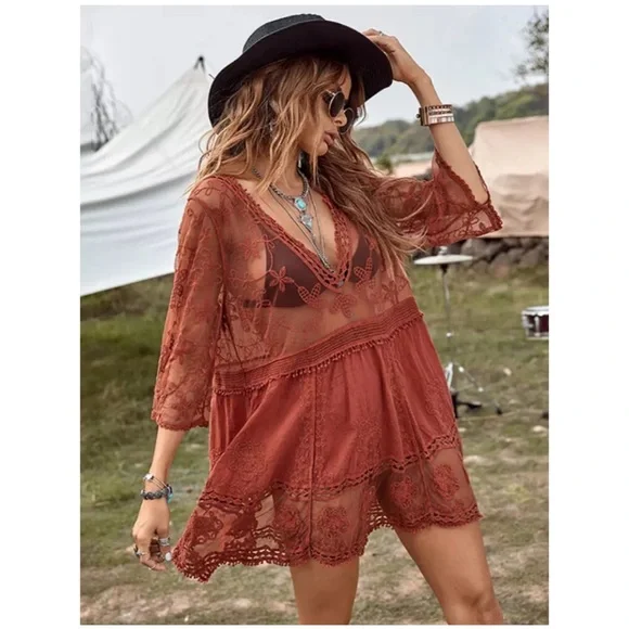 New Bohemian V Neck Crochet Mesh Dress - Picture 4 of 8